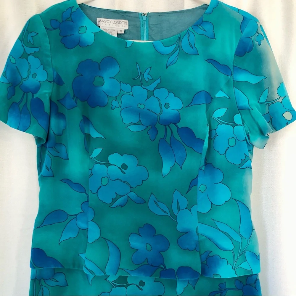 Silk dress Maggy London beautiful
 Floral Blue green sheath Vintage 12 P - Picture 3 of 9